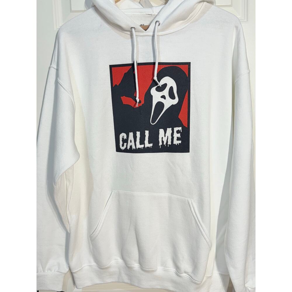 Ghost Face The Icon of Halloween White "Call Me" Hoodie, Unisex Size XL